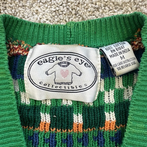 St Patrick's Vest Medium Vintage Eagles Eye Knit Green Shamrocks Button Down - Picture 2 of 12
